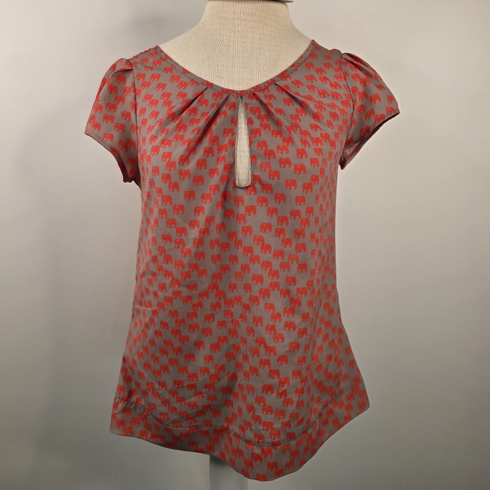 Potter's Pot Women's‎ Blouse Small Gray Orange Elephant Print Keyhole Cap Sleeve